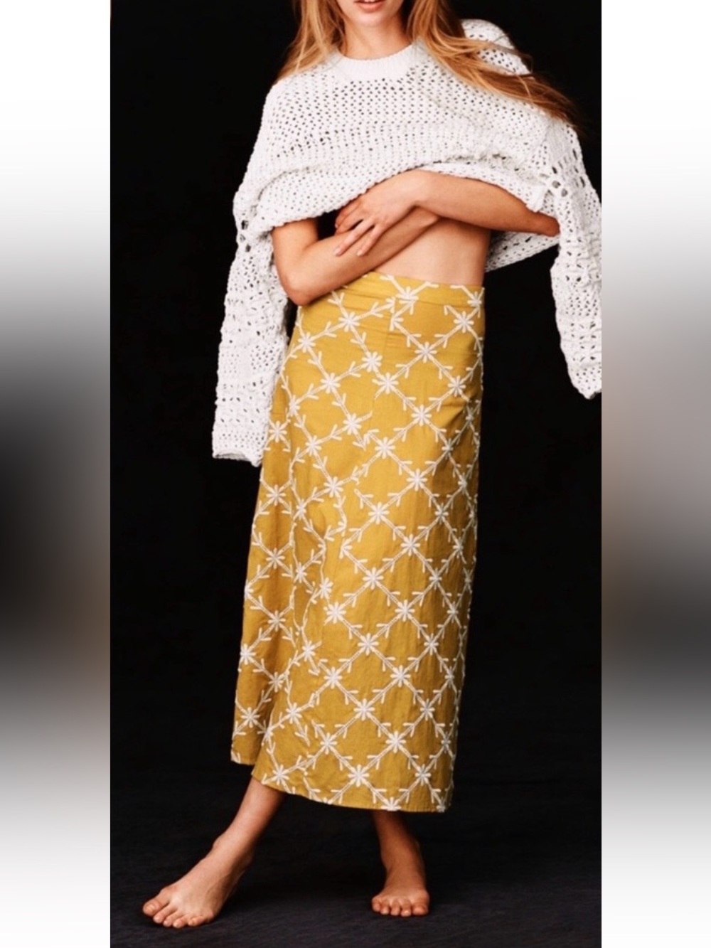 ZARA Yellow Floral Midi/Maxi Skirt with Beige Crochet – Size S - Picture 2 of 13